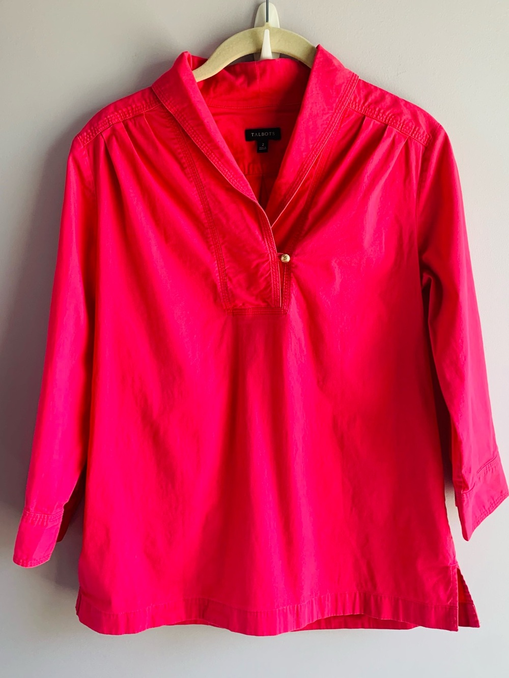 Talbots Blouse Top Pink Cotton Shawl Collar 3/4 Sleeve Work Office Casual EUC 2